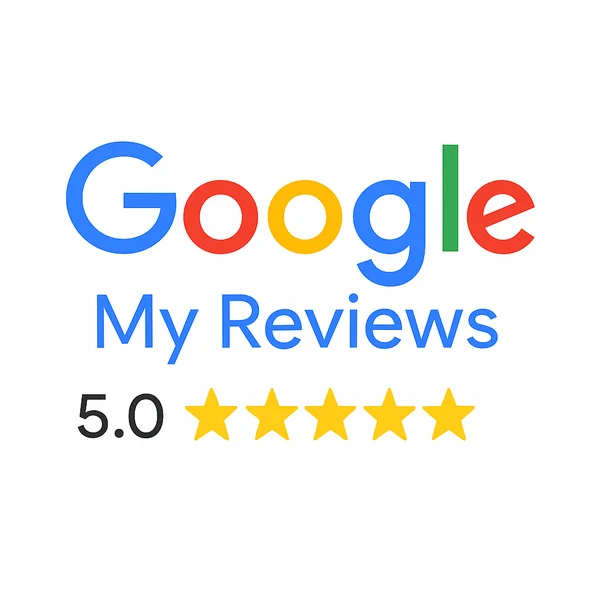 Google My Reviews logo with a 5.0 rating and five gold stars on a white background.