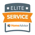 HomeAdvisor Elite Service badge in grey and orange, featuring the company logo and text on a shield-shaped emblem.